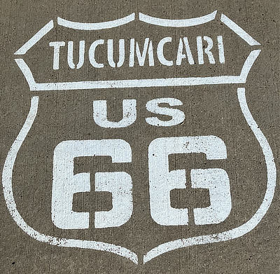 Route 66 Tucumcari shield on the road in New Mexico