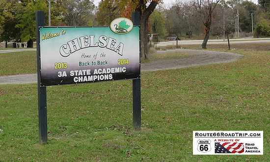Welcome to Chelsea, Oklahoma, sign at Bud Beck Park, on Historic Route 66