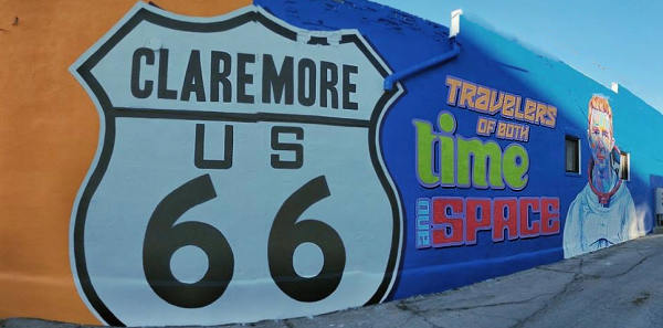 "Travelers of Both Time and Space" Route 66 mural in Claremore, Oklahoma