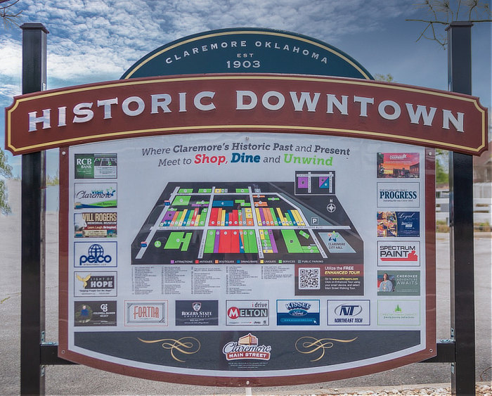 Sign and map in Historic Downtown Claremore, Oklahoma