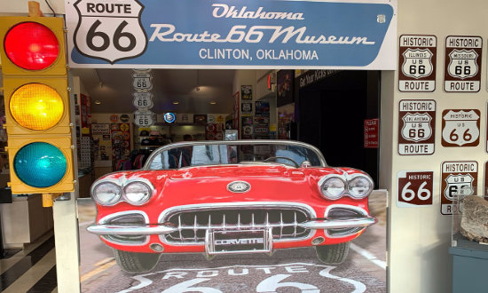 Interior exhibit area at the Oklahoma Route 66 Museum in Clinton OK: The Red Corvette
