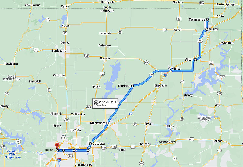 Map of Historic Route 66 from Galena, Kansas to Tulsa, Oklahoma