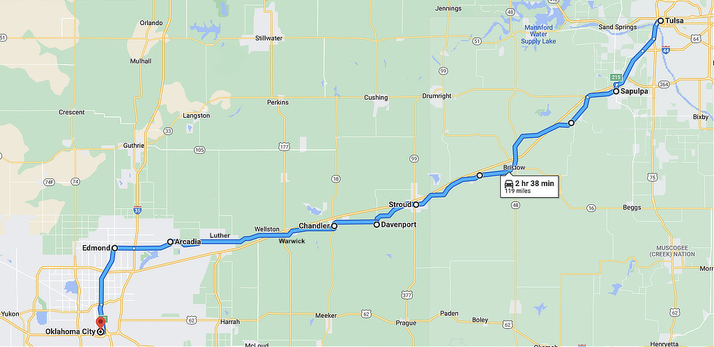 Map of Historic Route 66 from Tulsa to Oklahoma City