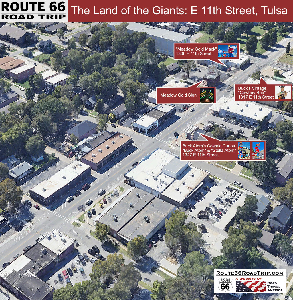 Map of the "Giant Muffler Men" and "Uniroyal Gals" along East 11th Street in Tulsa, Oklahoma, on Historic U.S. Route 66