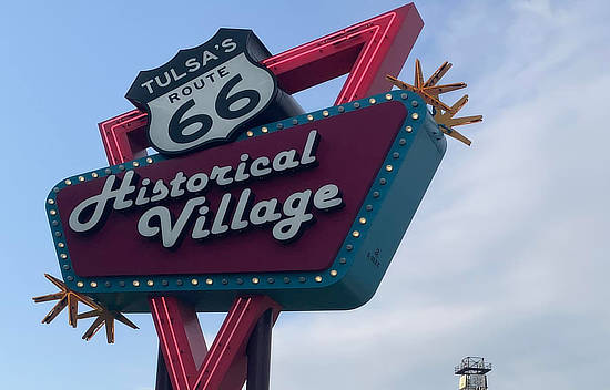 Sign at the Route 66 Historical Village near Tulsa, Oklahoma