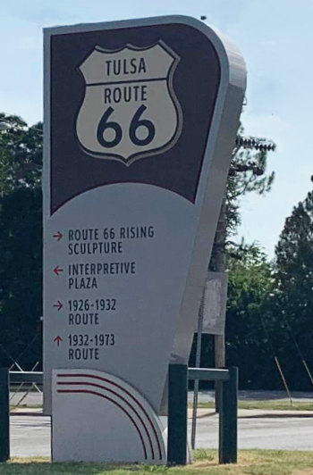 Route 66 sign in Tulsa directing travelers to different Mother Road alignments