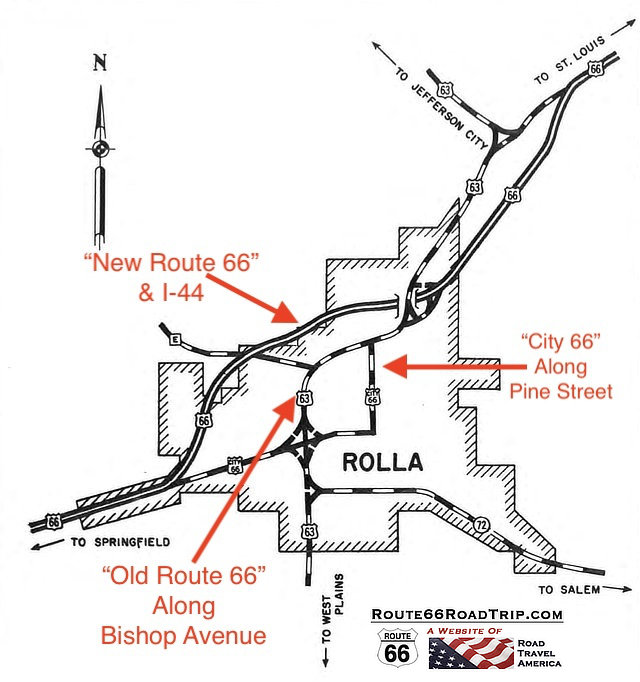 Map of U.S. Route 66 alignments in Rolla, Missouri