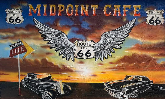 Mural at the Midpoint Cafe and Gift Shop, Route 66, Adrian, Texas