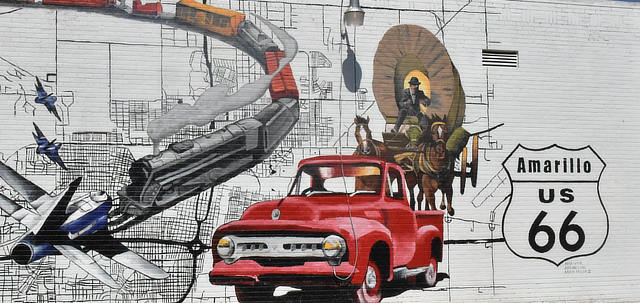 Route 66 mural at the corner of 6th Avenue and South Virginia Street in Amarillo, Texas