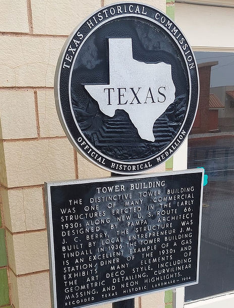 Historic marker at the Tower Building in Shamrock, Texas