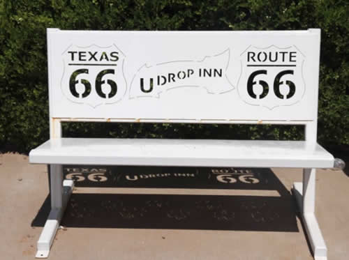 Texas Route 66 bench at the U Drop Inn, Shamrock, Texas