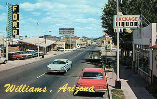 Street scene in Williams, Arizona circa late 1950s