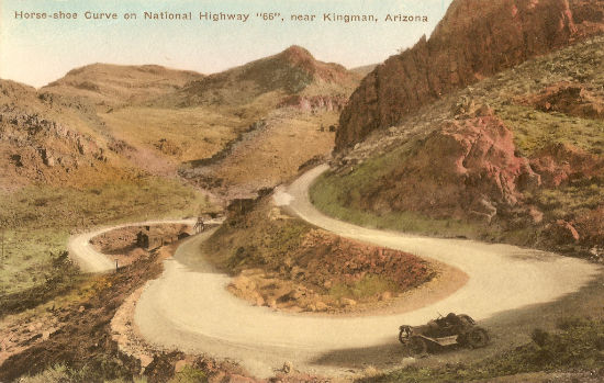 Vintage postcard of horse-shoe curve on National Highway "66" near Oatman