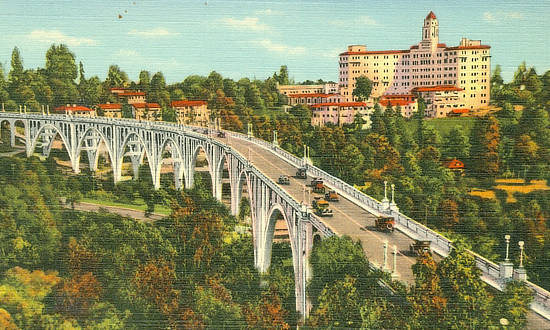Vintage view of the  Arroyo-Seco Briidge, U.S. Highway 66, between Pasadena and Los Angeles, California