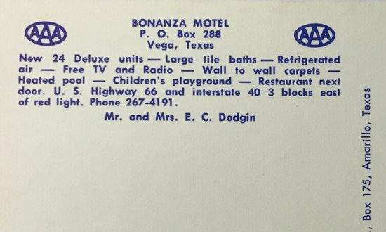 The Bonanza Motel on U.S. Highway 66 in Vega, Texas