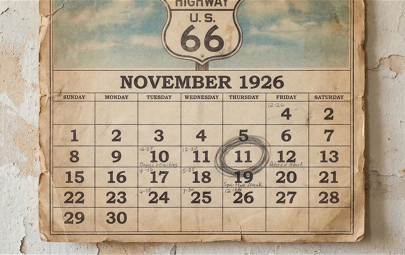 Route 66 wall calendar showing November 11, 1926, the date on which the Mother Road was commissioned
