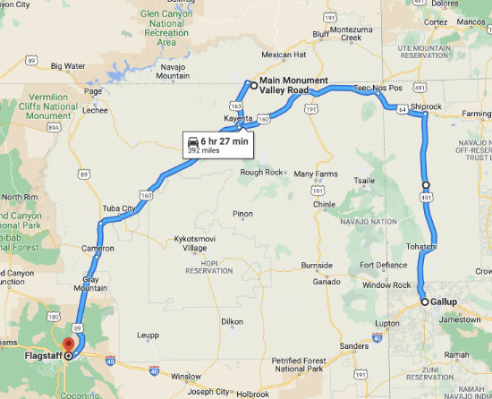 Map of a road trip from Route 66 in Gallup, New Mexico to Monument Valley to Flagstaff