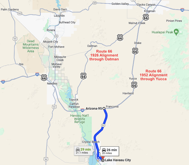 Map showing the directions from Historic Route 66 to Lake Havasu City, Arizona