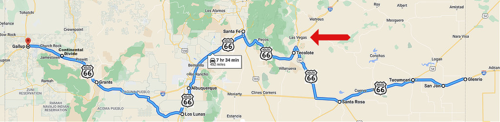 Map showing places along an early alignment of U.S. Route 66 across New Mexico, including nearby Las Vegas