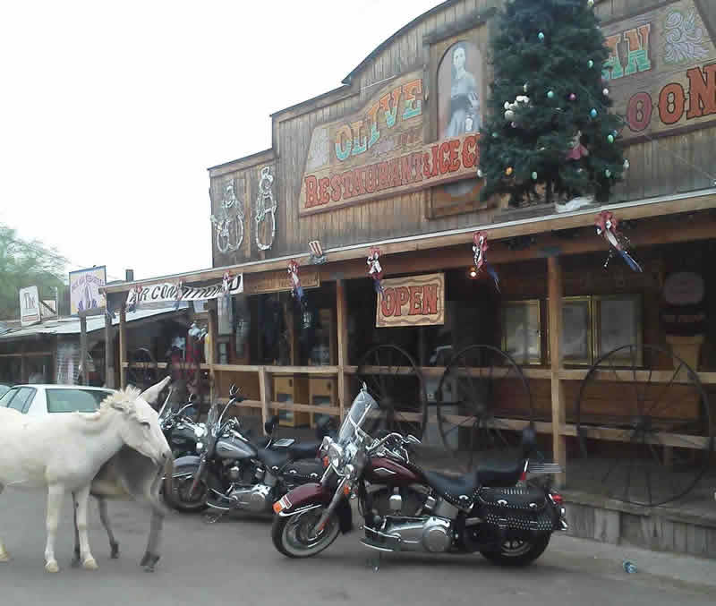 Motorcycles in Oatman, Arizona, on U.S. Route 66 ... along with local donkies