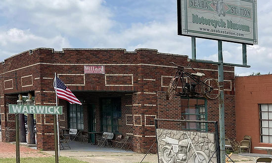 Exterior view of the Seaba Station Motorcycle Museum on Route 66 in Warwick, Oklahoma
